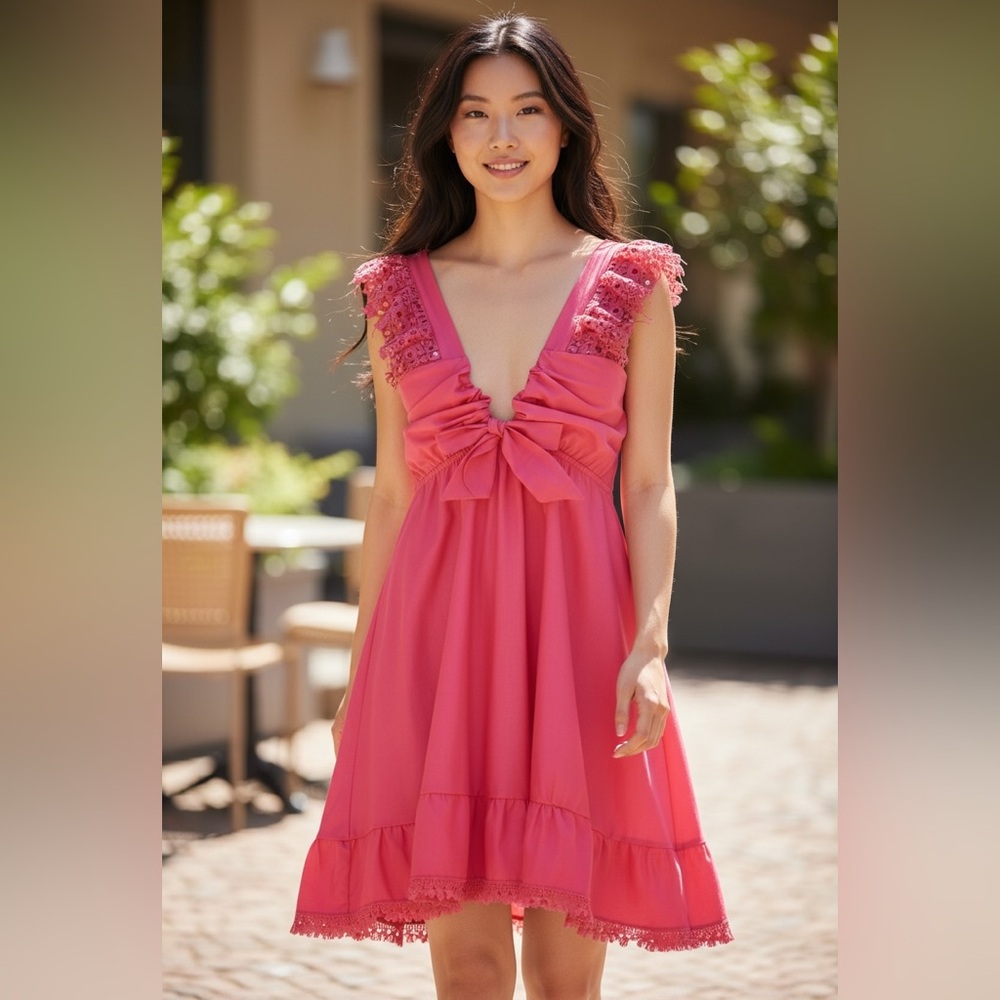 Peixoto 100% cotton mini dress with front tie bright pink fuchsia lined medium